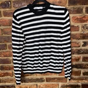 Zara Wool Blend Black White Striped Crew Neck Knit Sweater Women's Size Small